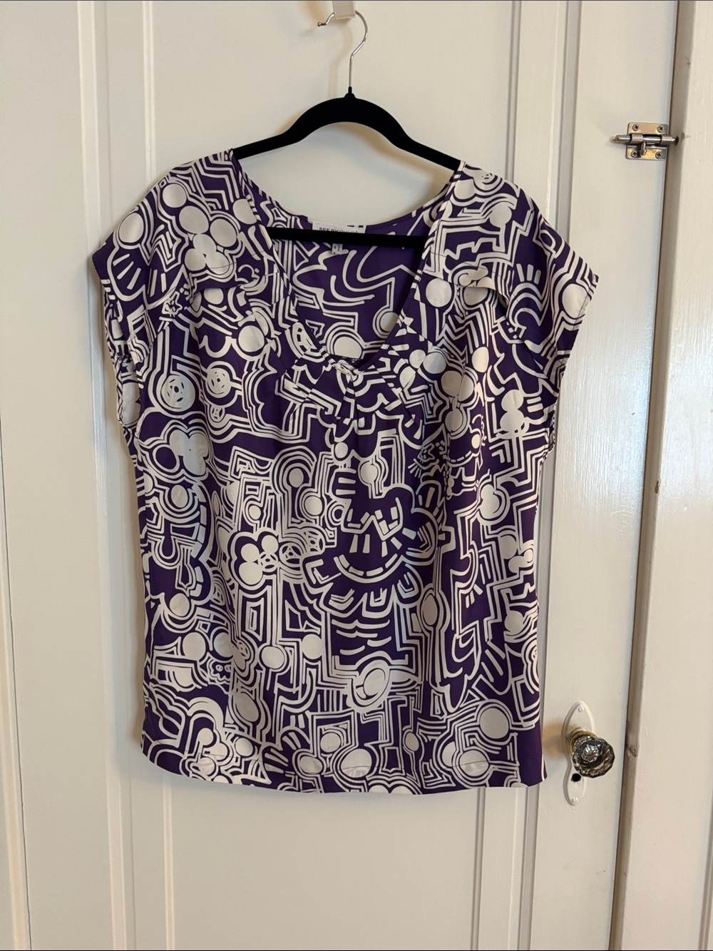 See By Chloe 100% Silk Purple & White Abstract Geometric Print Blouse 10